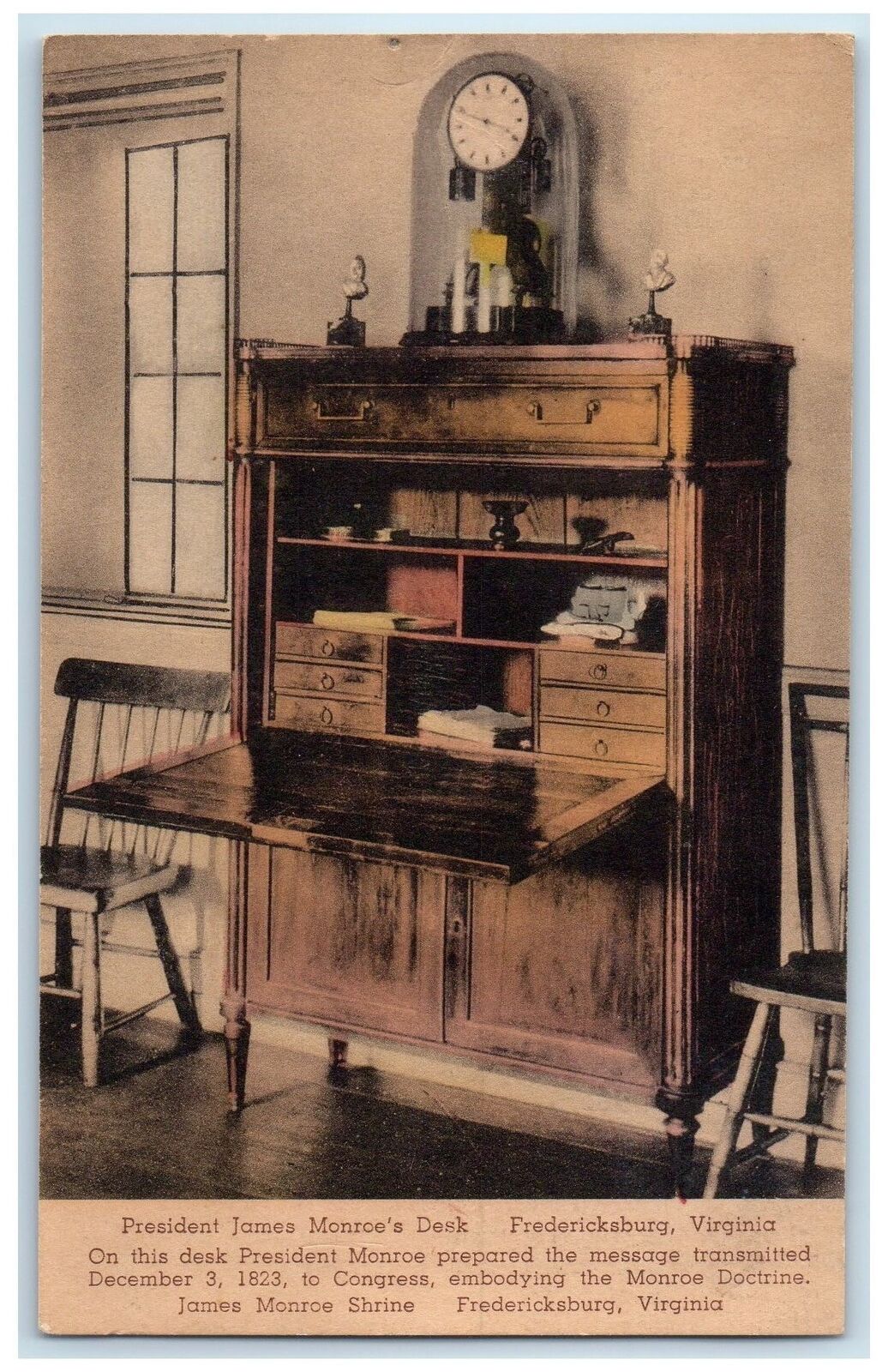 c1920's President James Monroe's Desk Clock Fredericksburg Virginia VA Postcard