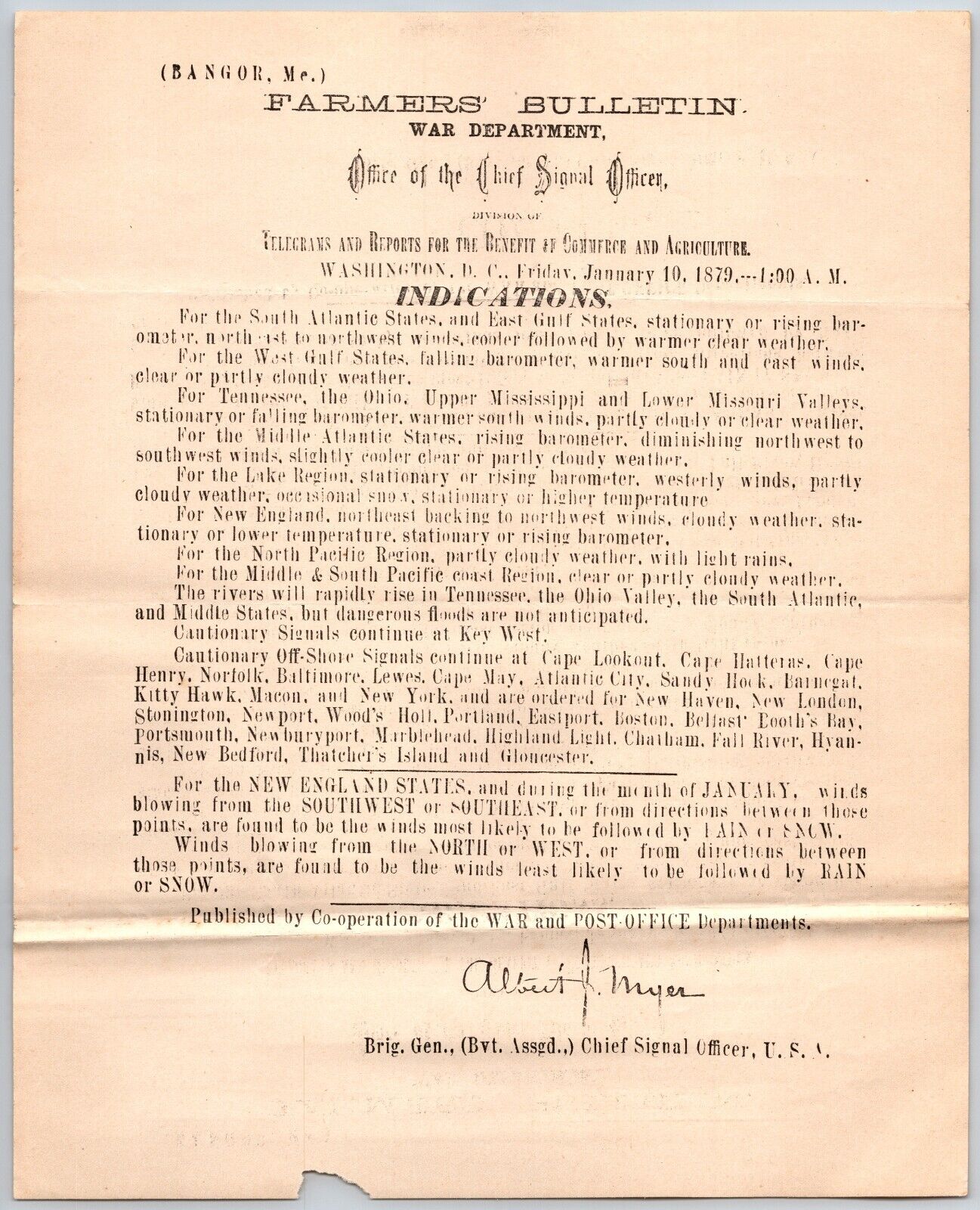 Bangor, ME Chief Signal Office, War Department Farmers\' Bulletin Jan. 10, 1879