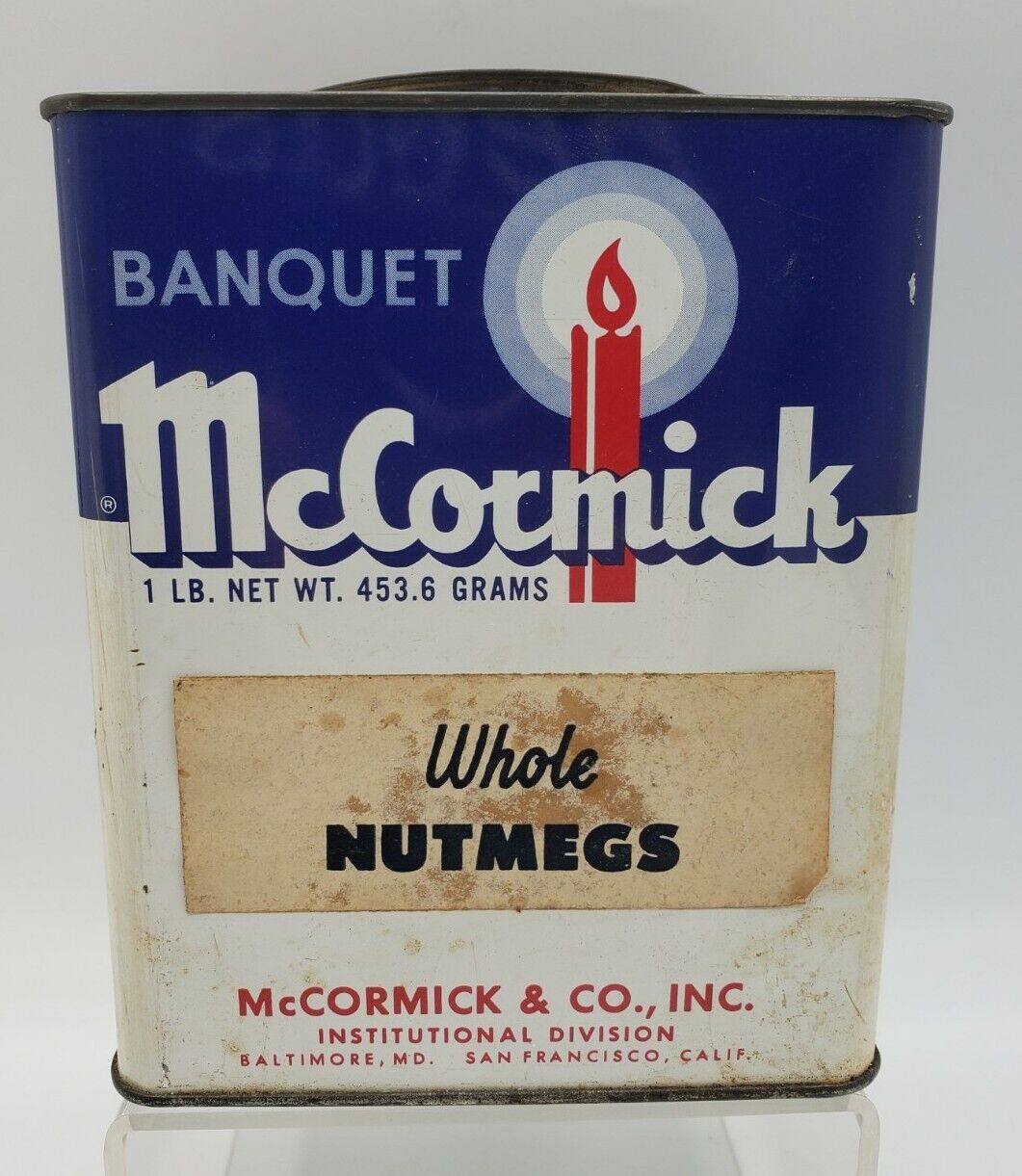 BIG Vintage Metal Spice Tin McCormick Brand Whole Nutmegs 1 Lb. Tin Full 1950s