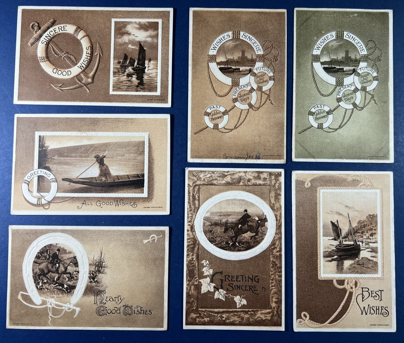 7 Mixture Scenes, Horses, Boats Greetings Antique Postcards. EMB. PUBL: AA. 1910