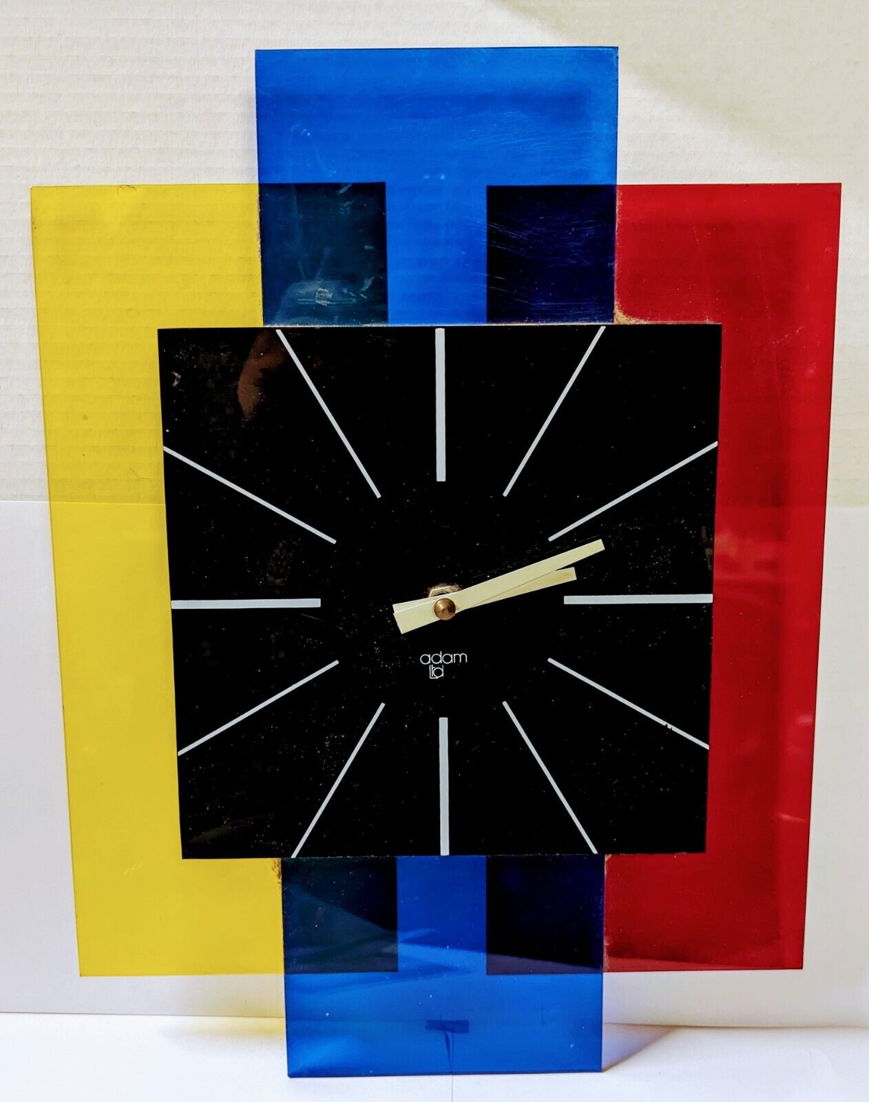 Vintage Adam Ltd Lucite/Acrylic 70\'s/80’s Red Blue Black Yellow Wall Clock