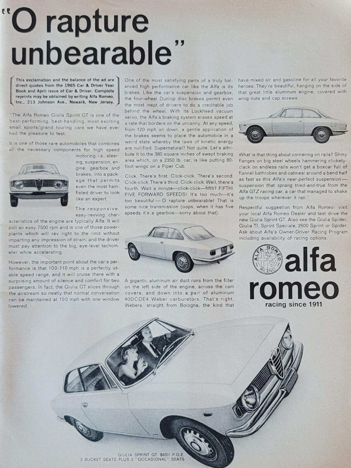 Alfa Romeo Giulia Sprint GT Giulia Spider Vintage 1965 Page Print Ad 1965 8x11