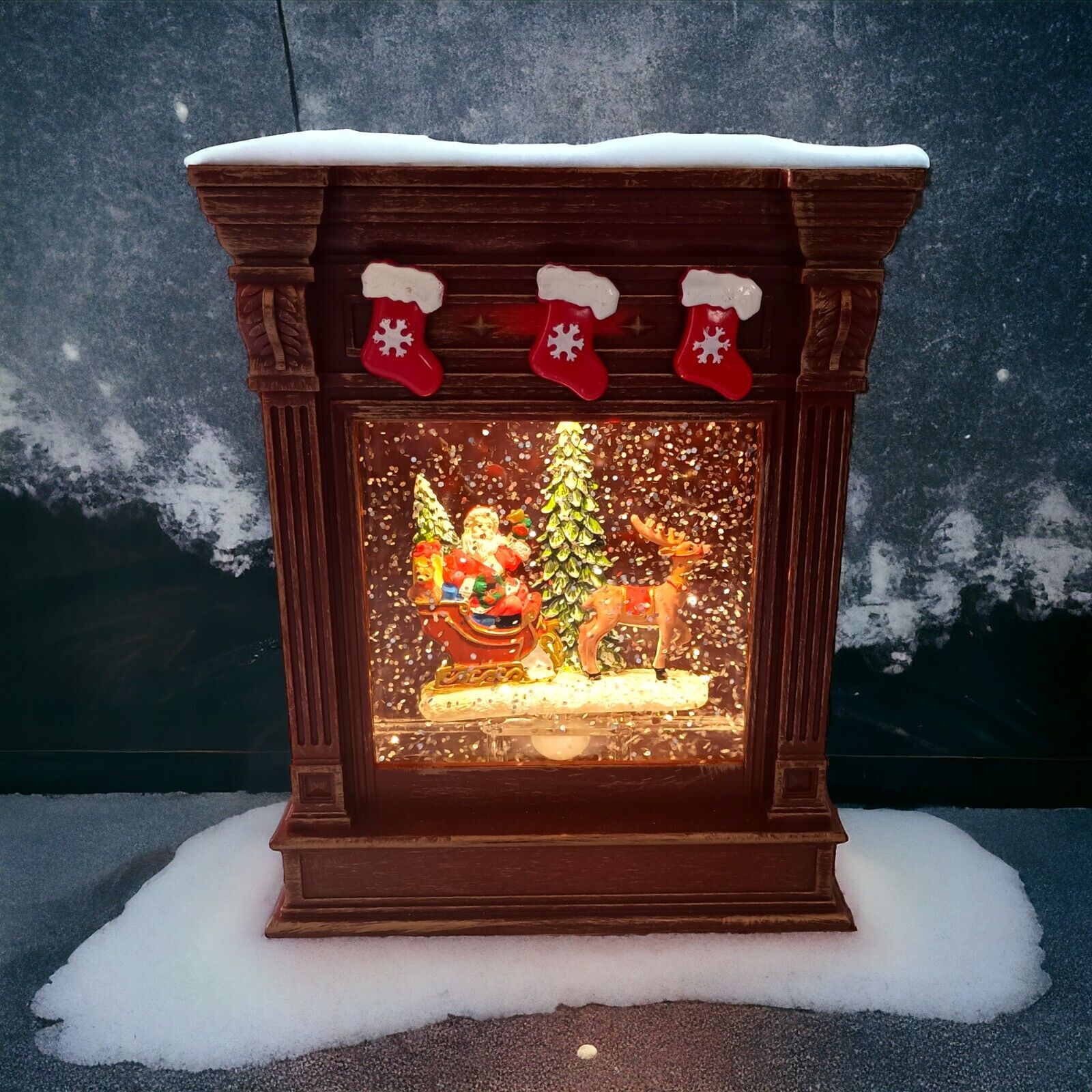 Christmas Fireplace Snow Globe Mantel LED Lighted Santa Sled Reindeer Y2K Winter