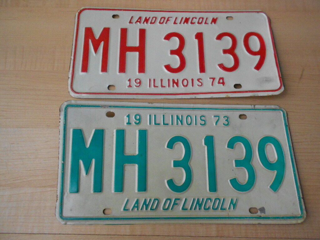 1973 & 1974 Illinois License Plate MH 3139 Both Same Number Land of Lincoln 