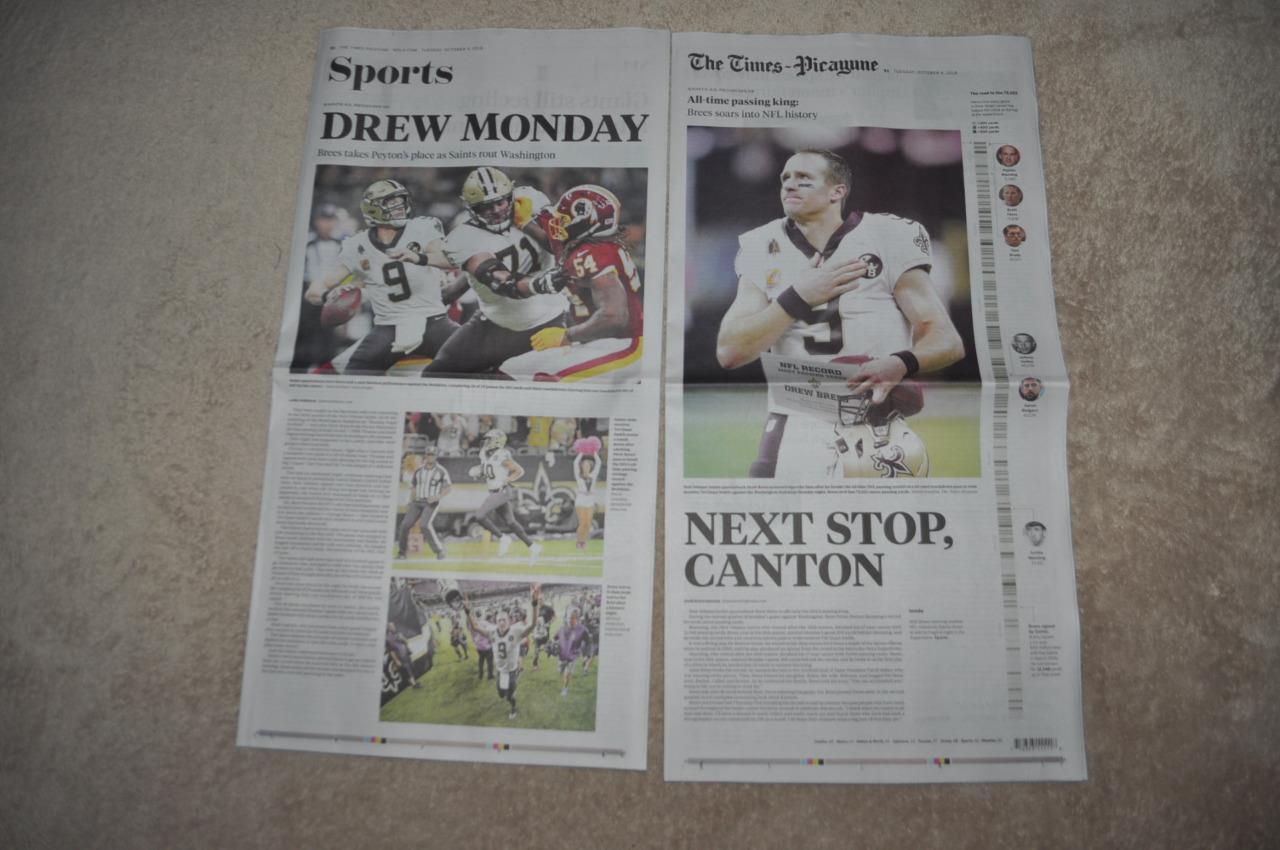 DREW BREES NFL Passing Record New Orleans Times-Picayune Newspaper 10/9/2018