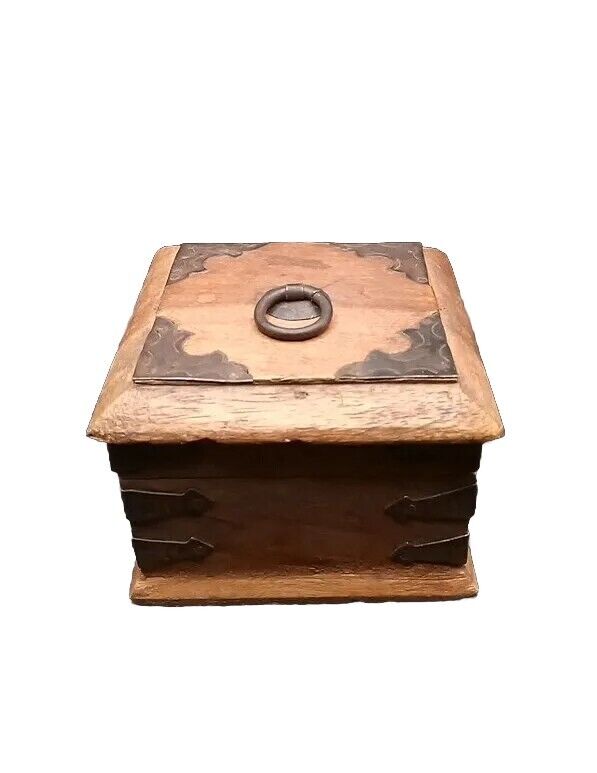 Handcrafted Small Wooden Trinket Box Metal Hinges Vtg