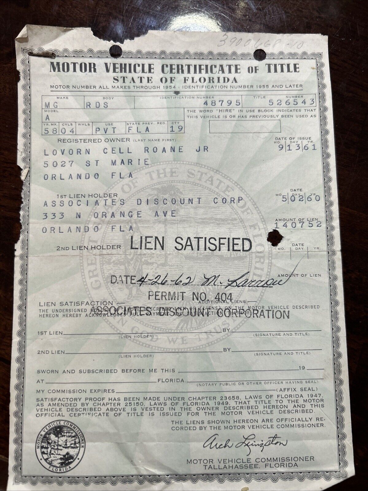 Vtg 1958 M G  R D S  Florida Car Title Historical Document 
