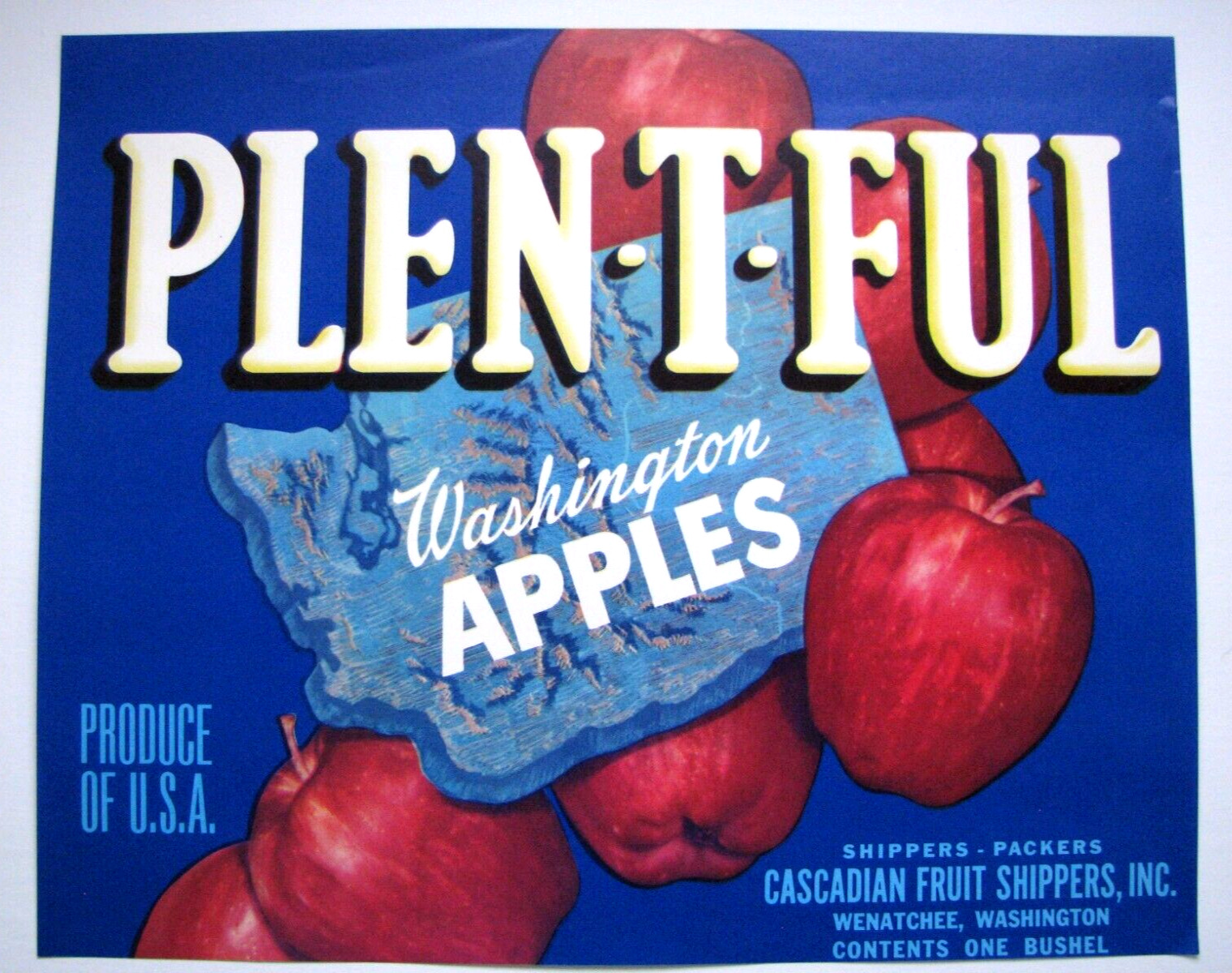 Original PLEN-T-FUL apple crate label Cascadian Fruit Shippers Wenatchee WA map