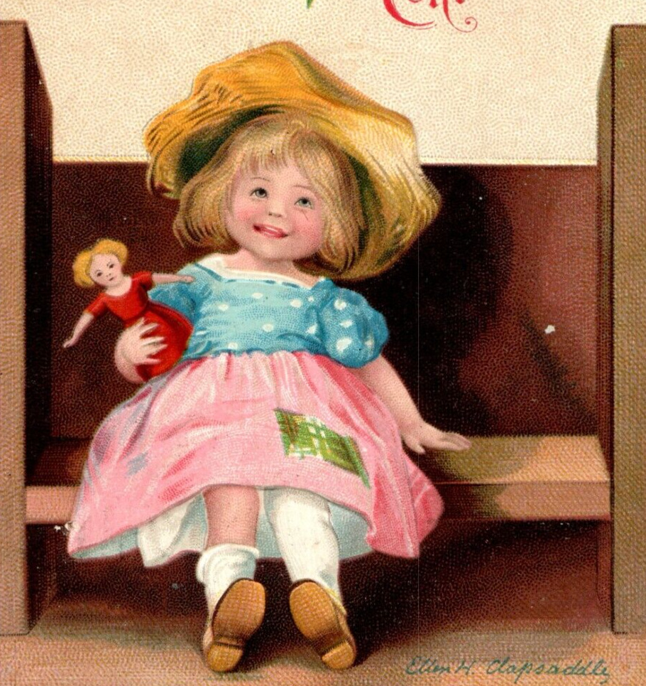 c1910 Embossed Christmas Ellen Clapsaddle Postcard Cute Dutch Girl With Doll