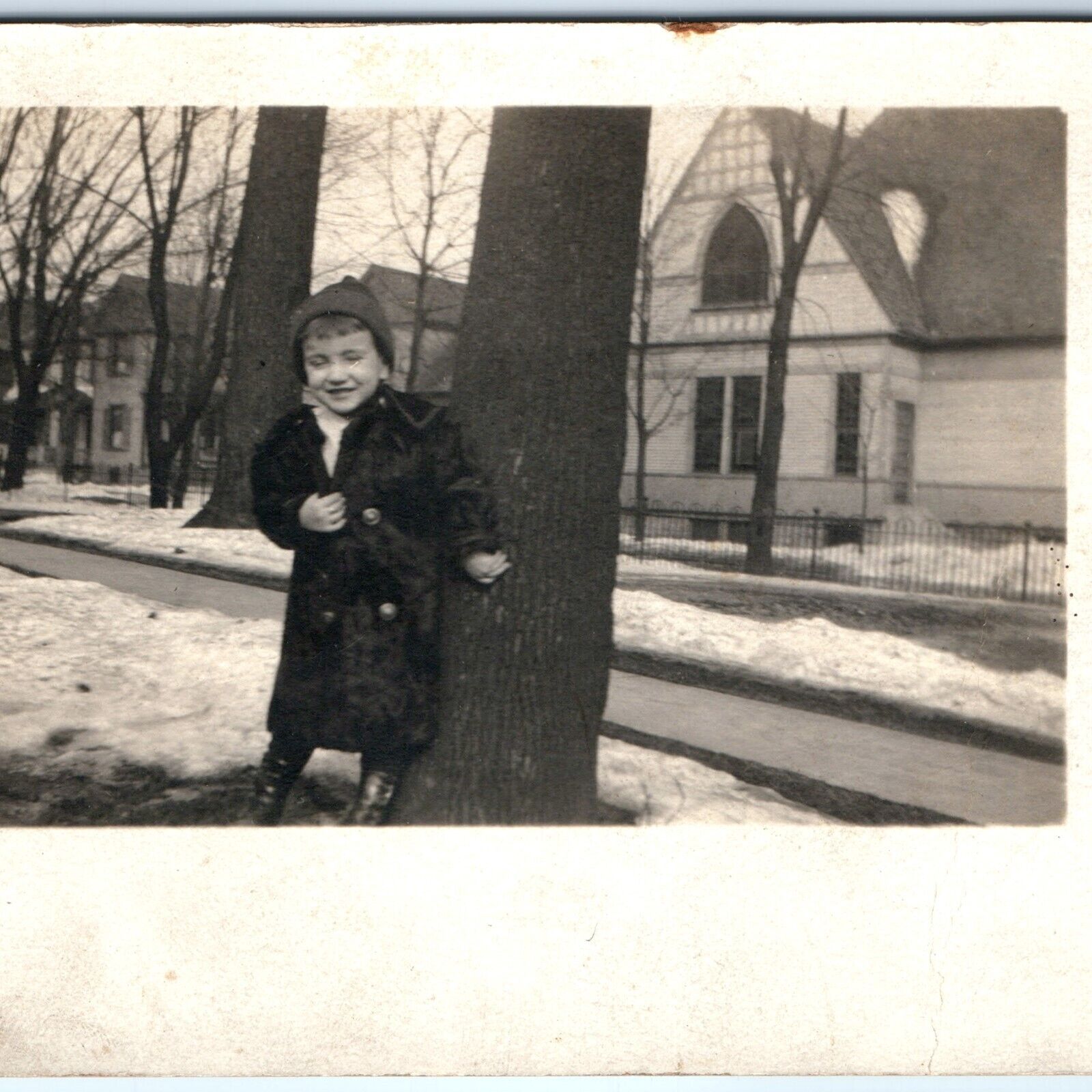 c1910s Winter Young Man Laugh Outdoors RPPC Young Boy Fur Coat Drip Photo A161