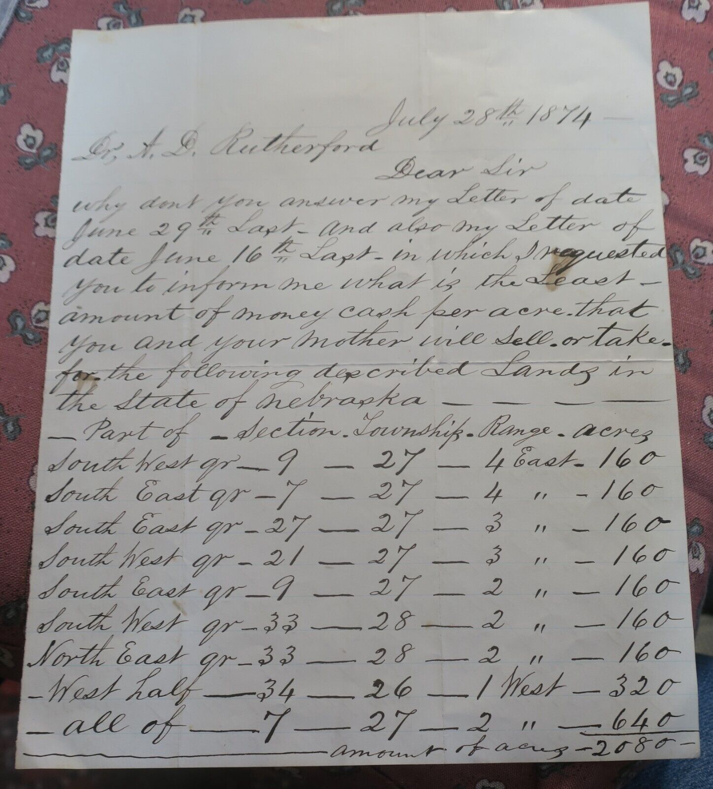 7/28/1874 Ink manuscript letter demanding reply to Nebraska Land Purchase offers
