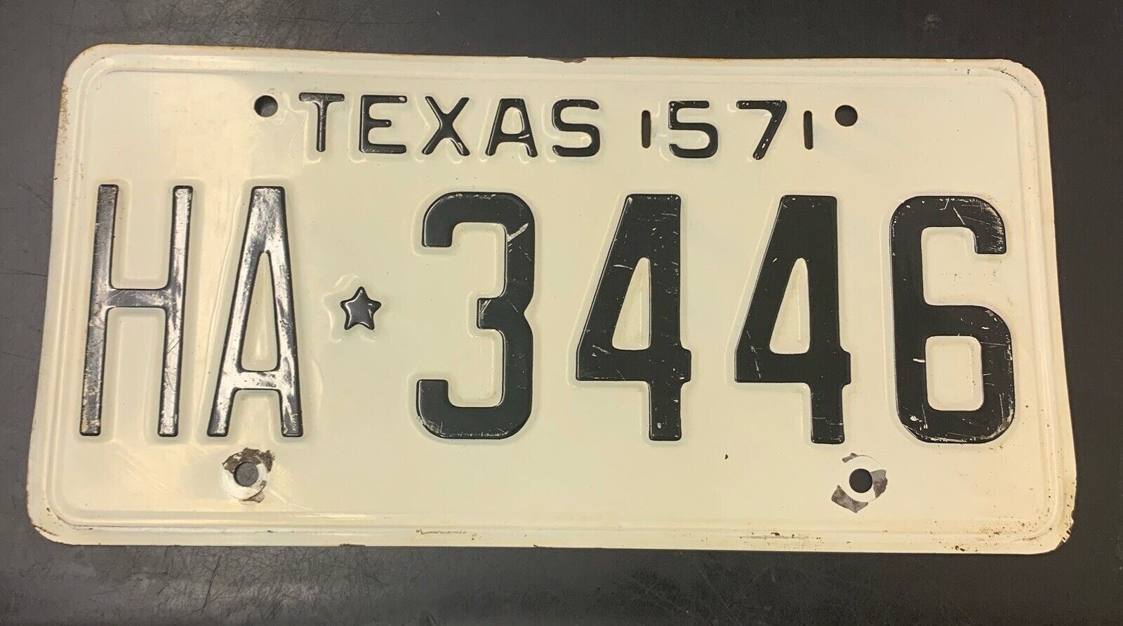 1957 TEXAS license plate–ORIGINAL paint vintage antique HA 3446