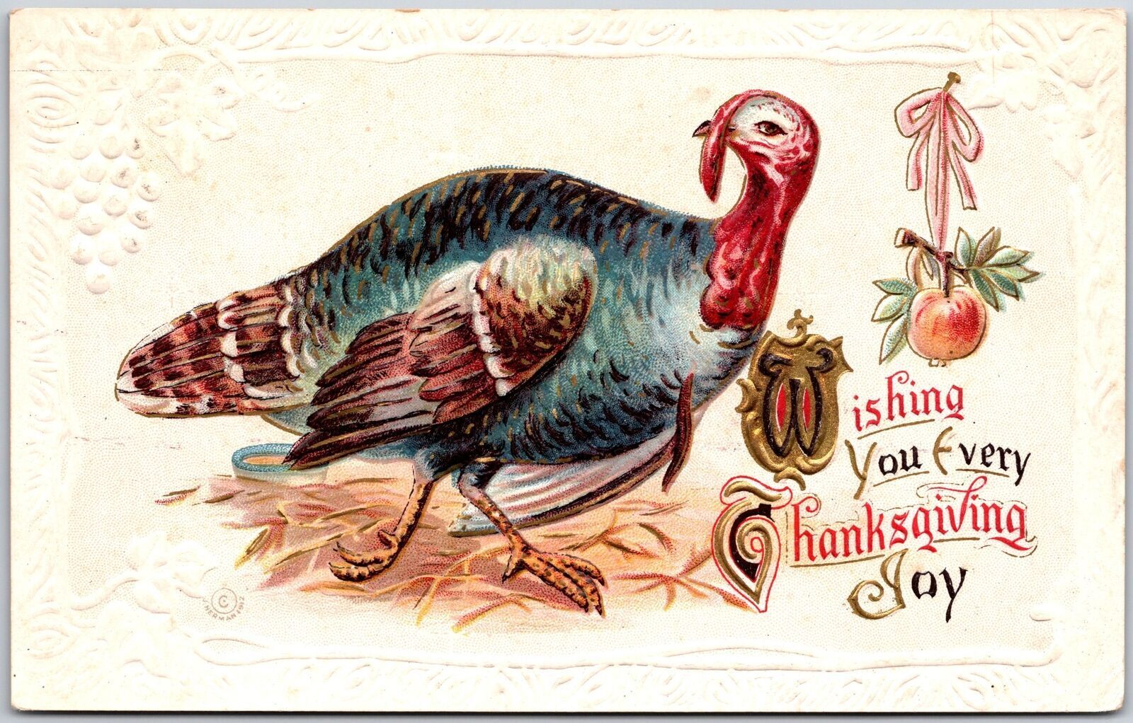 1912 Wishing You Very Thanksgiving Joy Embossed Turkey Greetings Posted Postcard
