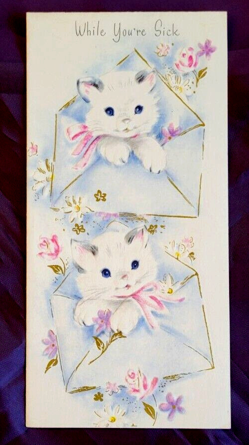 Vintage Two Kittens Cats In Envelopes Flowers Unused Get Well Card Adorable 