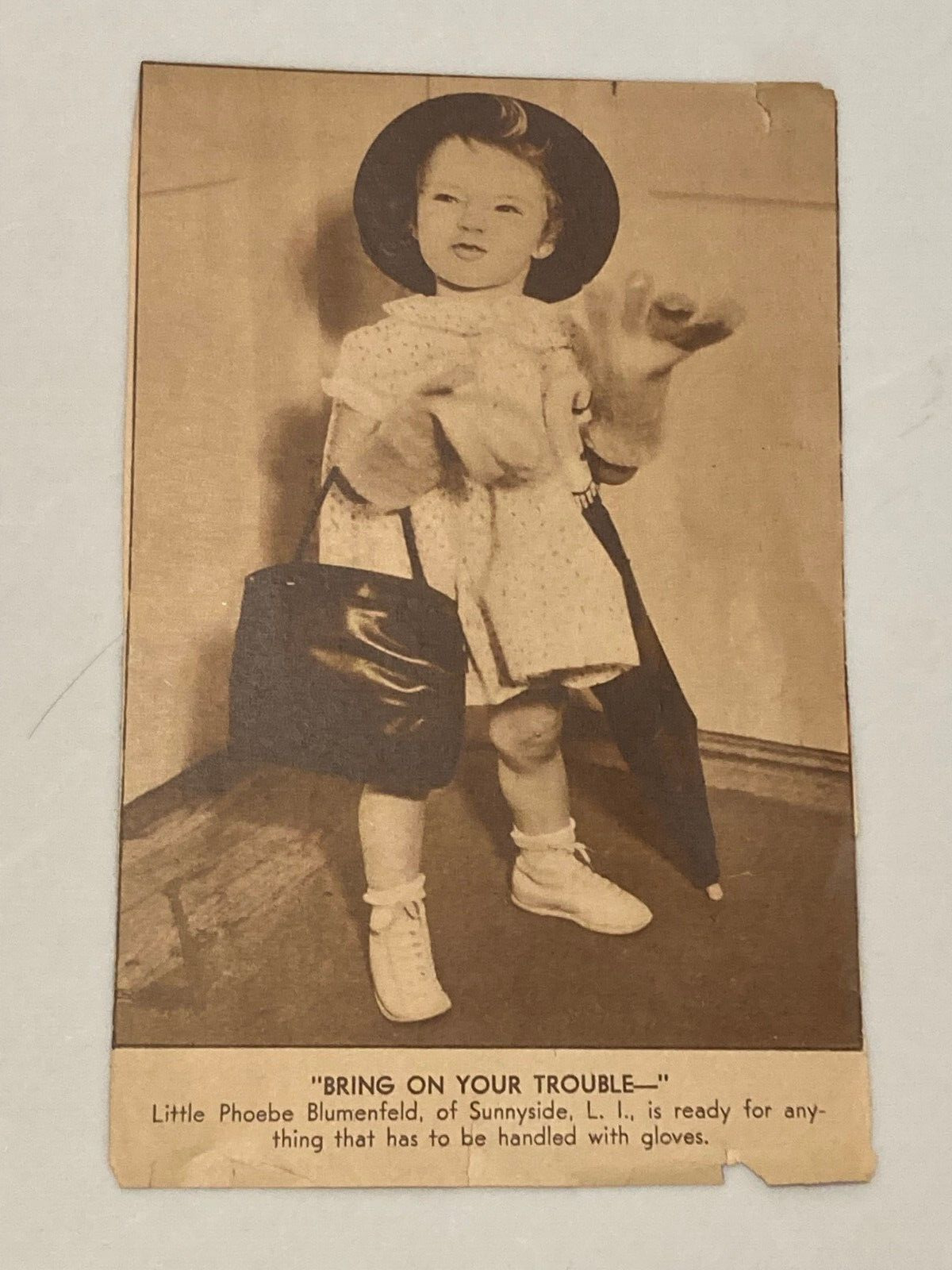 Vintage 1955 Newspaper Photo Jewish Girl Dressed Cute In Adult Gloves New York