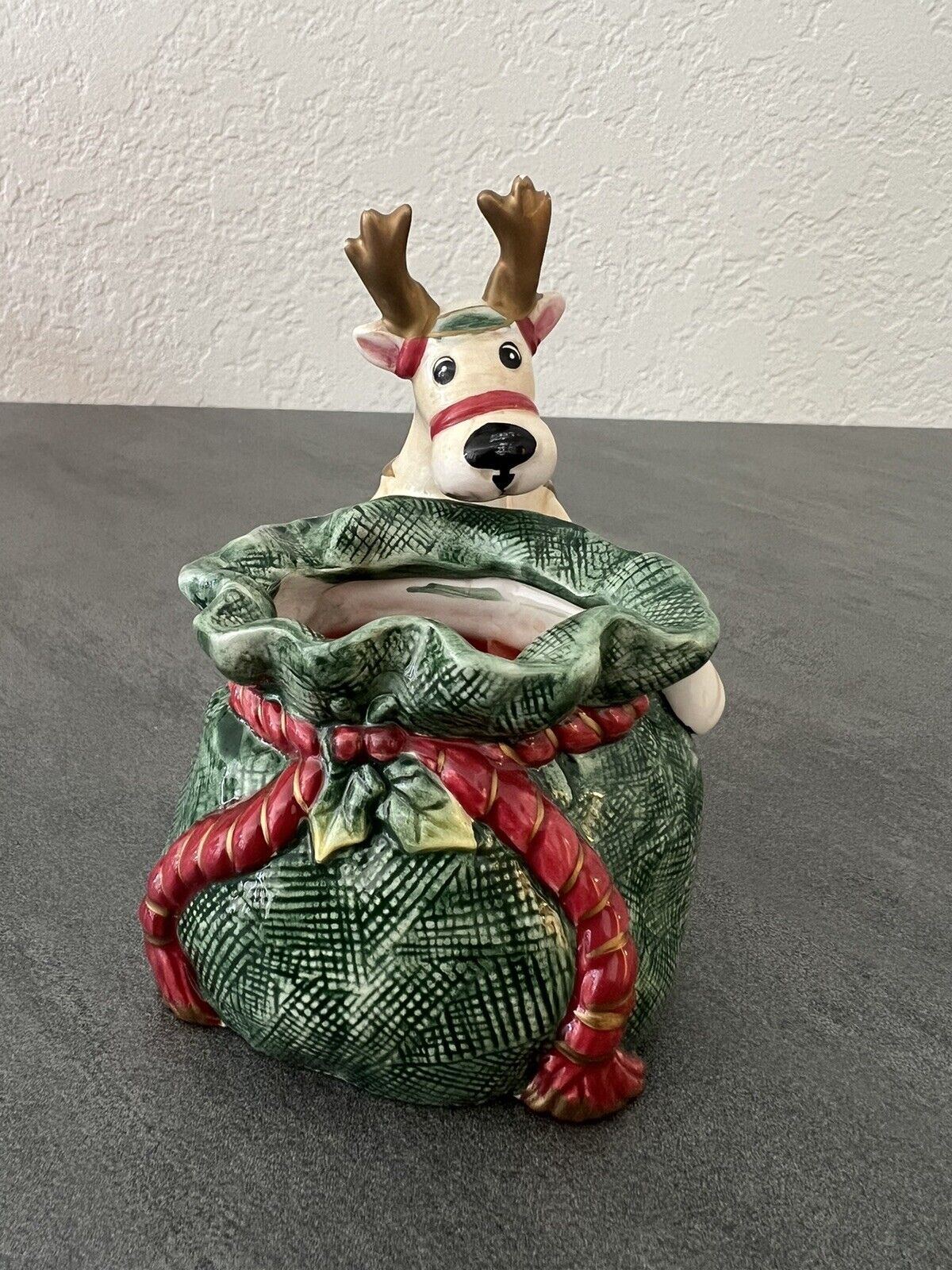 VTG 2002 Fitz and Floyd Santa Christmas Candle Cup Holder Porcelain Reindeer