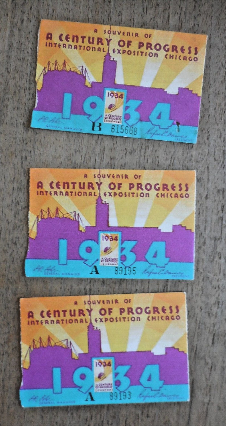 3 Century of Progress 1934 Chicago World\'s Fair Ticket Stubs