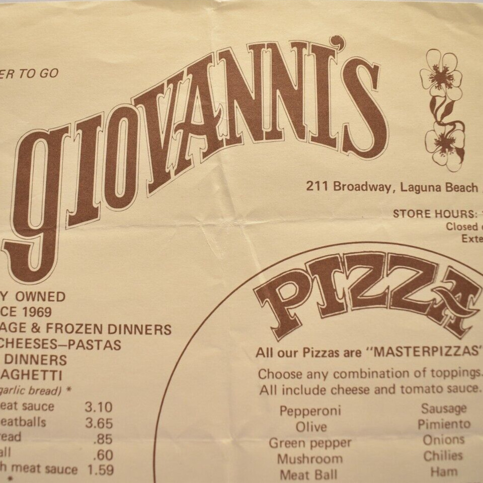 1980s Giovanni\'s Pizza Restaurant Menu Broadway Street Laguna Beach California