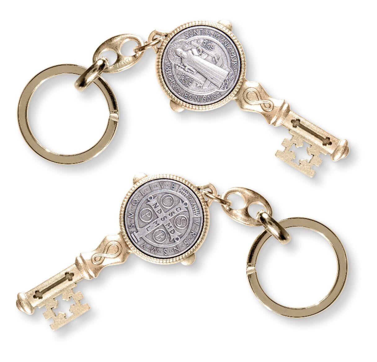 St. Saint Benedict Cross Medal Key  Key Chain - Gold + Silver Tone