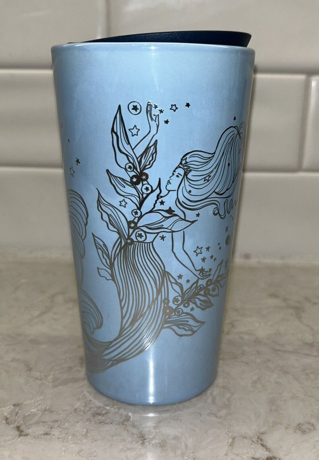 Starbucks 2023 Icicle Blue Silver Siren Mermaid Ceramic Travel Mug Cup 12 oz.