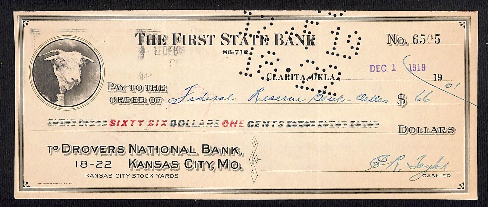 Clarita, OK  Bank Check 1919 Kansas City Stock Yards w/ Cow Head Scarce