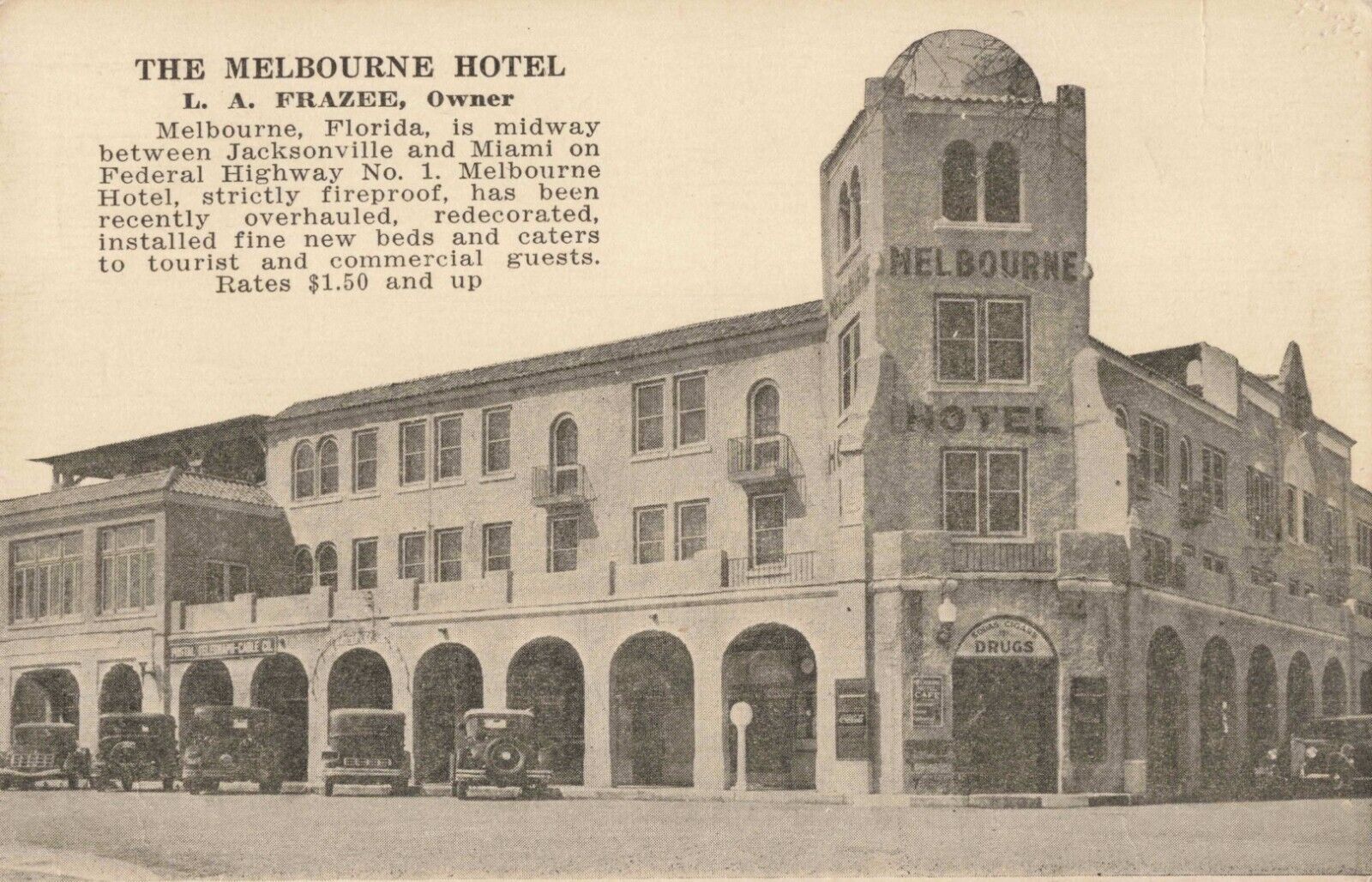 The Melbourne Hotel Melbourne Florida FL Old Cars c1930 Postcard