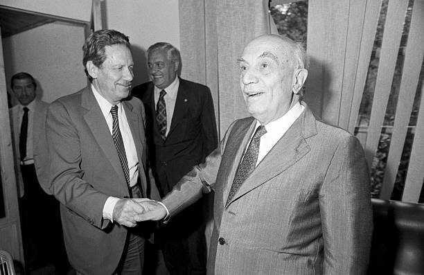 Italian senator Amintore Fanfani shaking hands with Italian Pr- 1979 Old Photo
