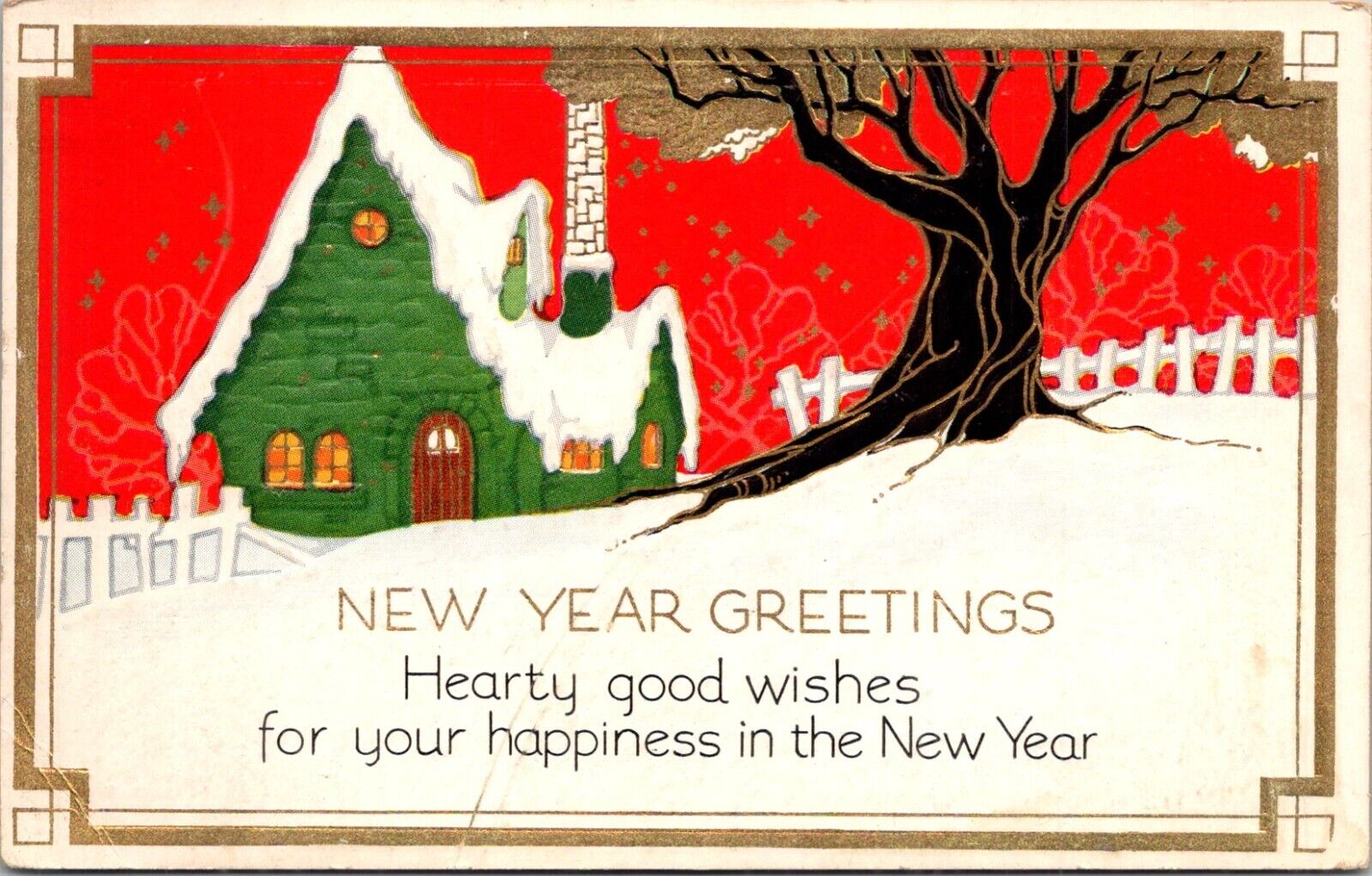 New Years Greetings Green Cottage House Black Tree Gold Trimmed 1930s Postcard