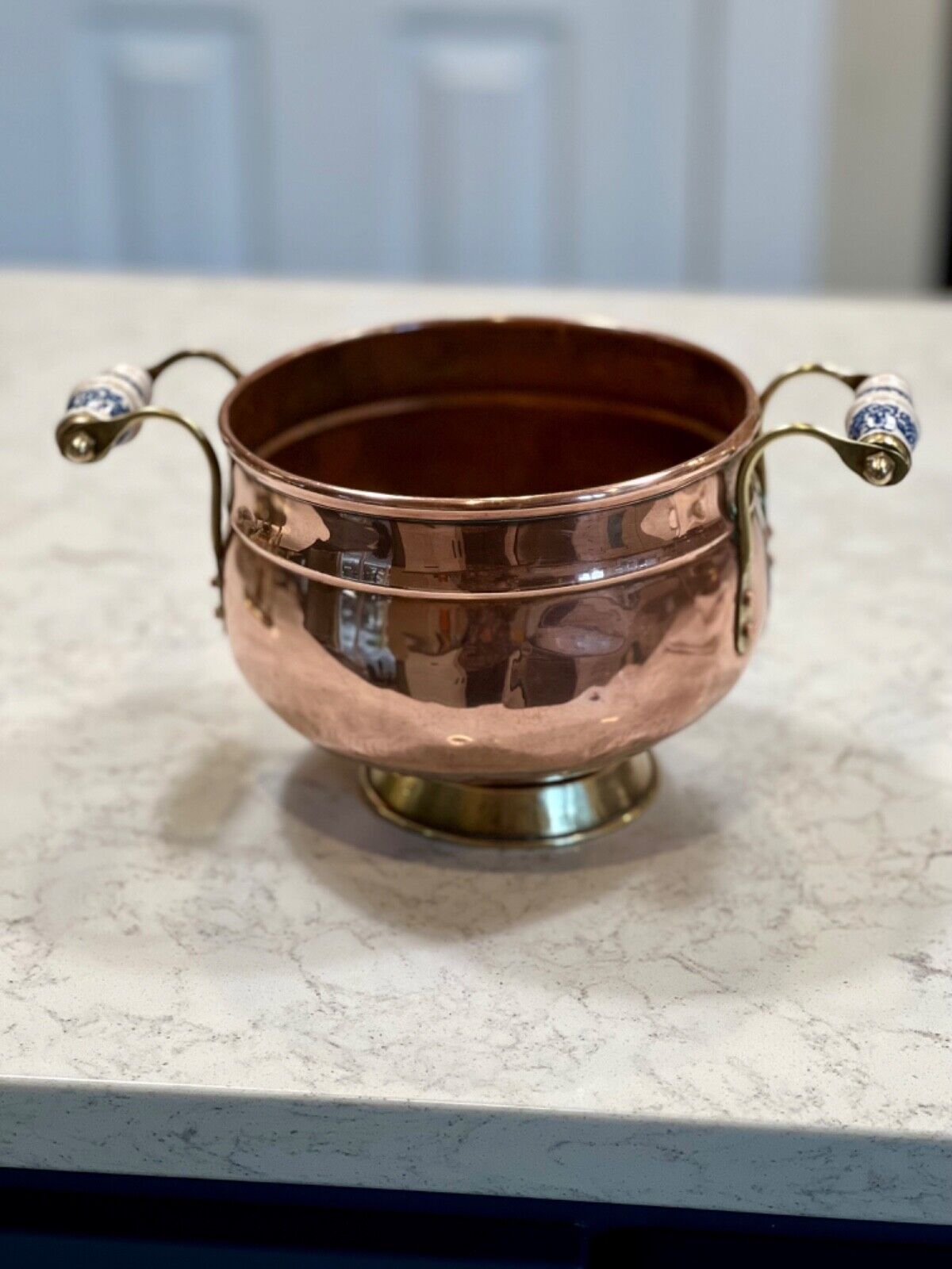 Vintage handmade copper bowl with ceramic handles Copper
