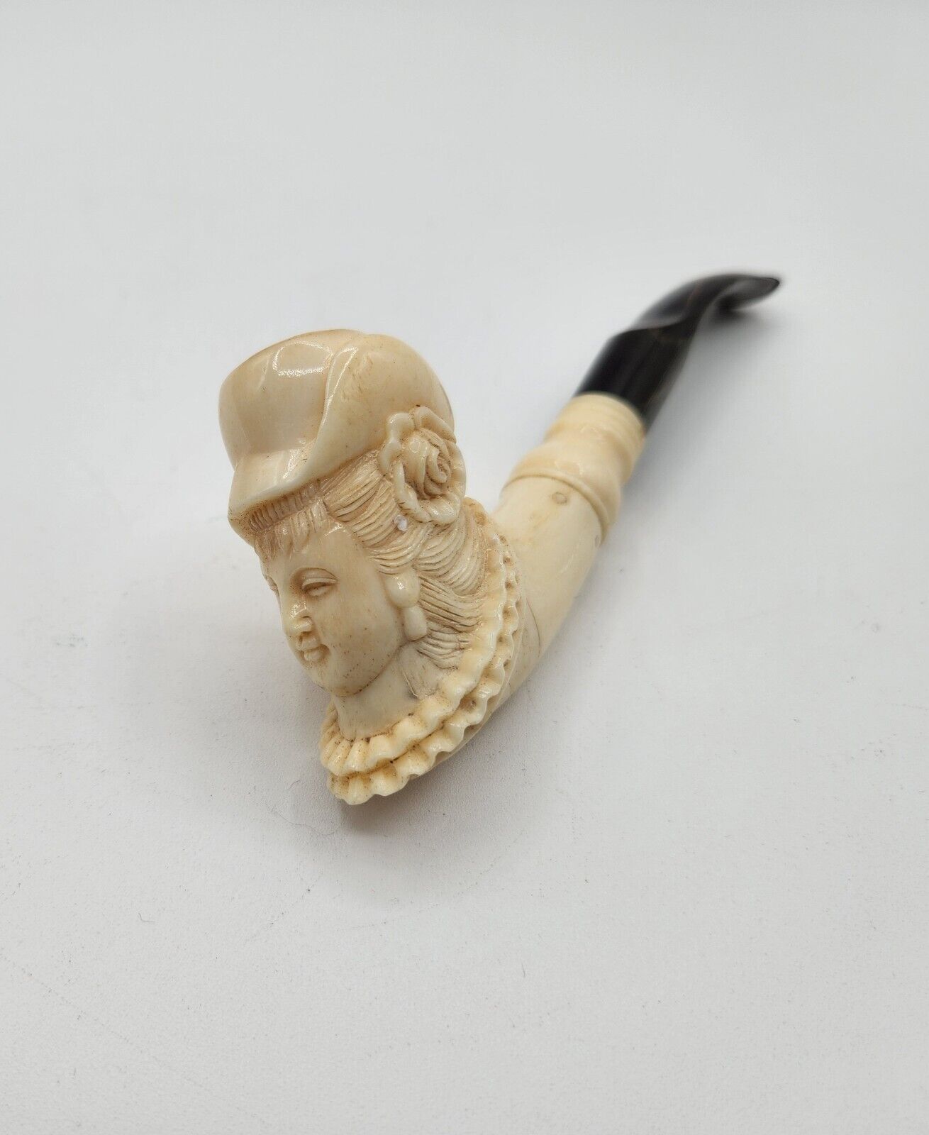Vintage Hand Carved Meerschaum Pipe Period Lady Wearing Hat And Flower 