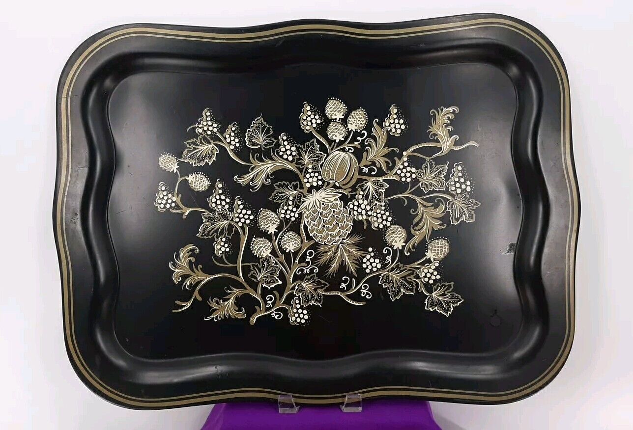 Vintage Handpainted Metal Tray Black Gold Serving Tray 22\