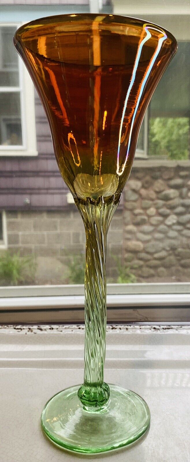 Rick Strini Iridescent Tulip Wine Glass Orange Green Twist Stem Signed Art Glass