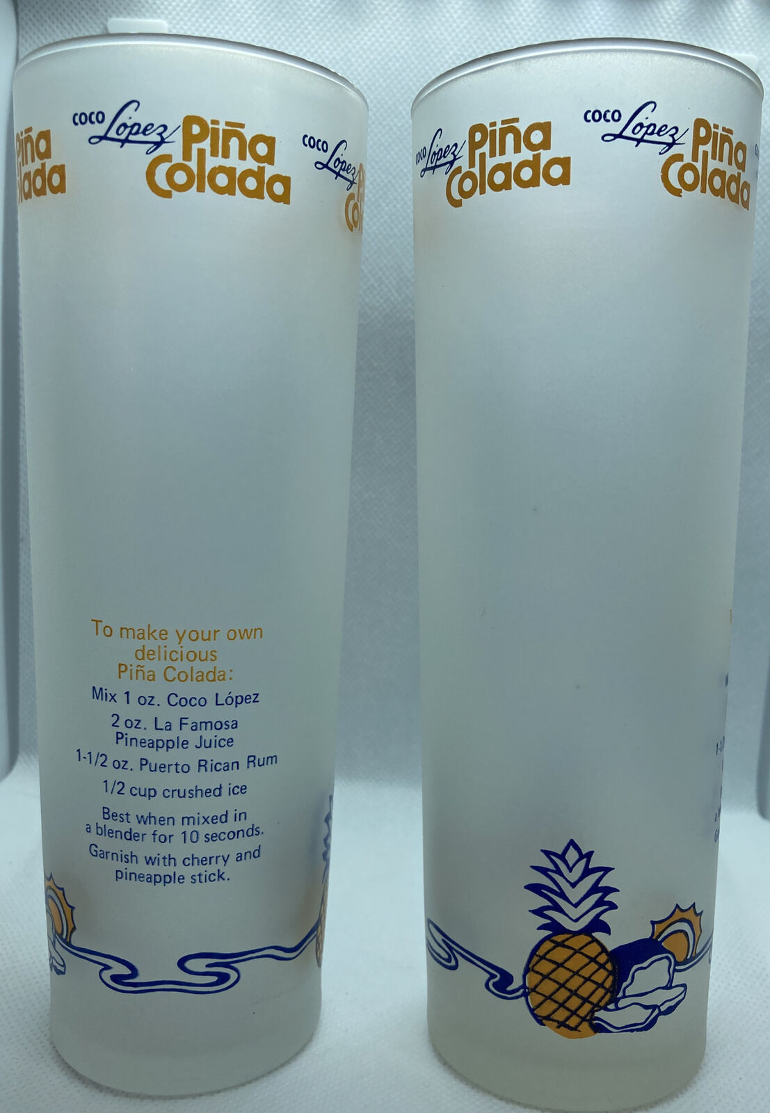 Set of 2 Vintage COCO LOPEZ Frosted Pina Colada 7” Cocktail Glasses w/ Recipe