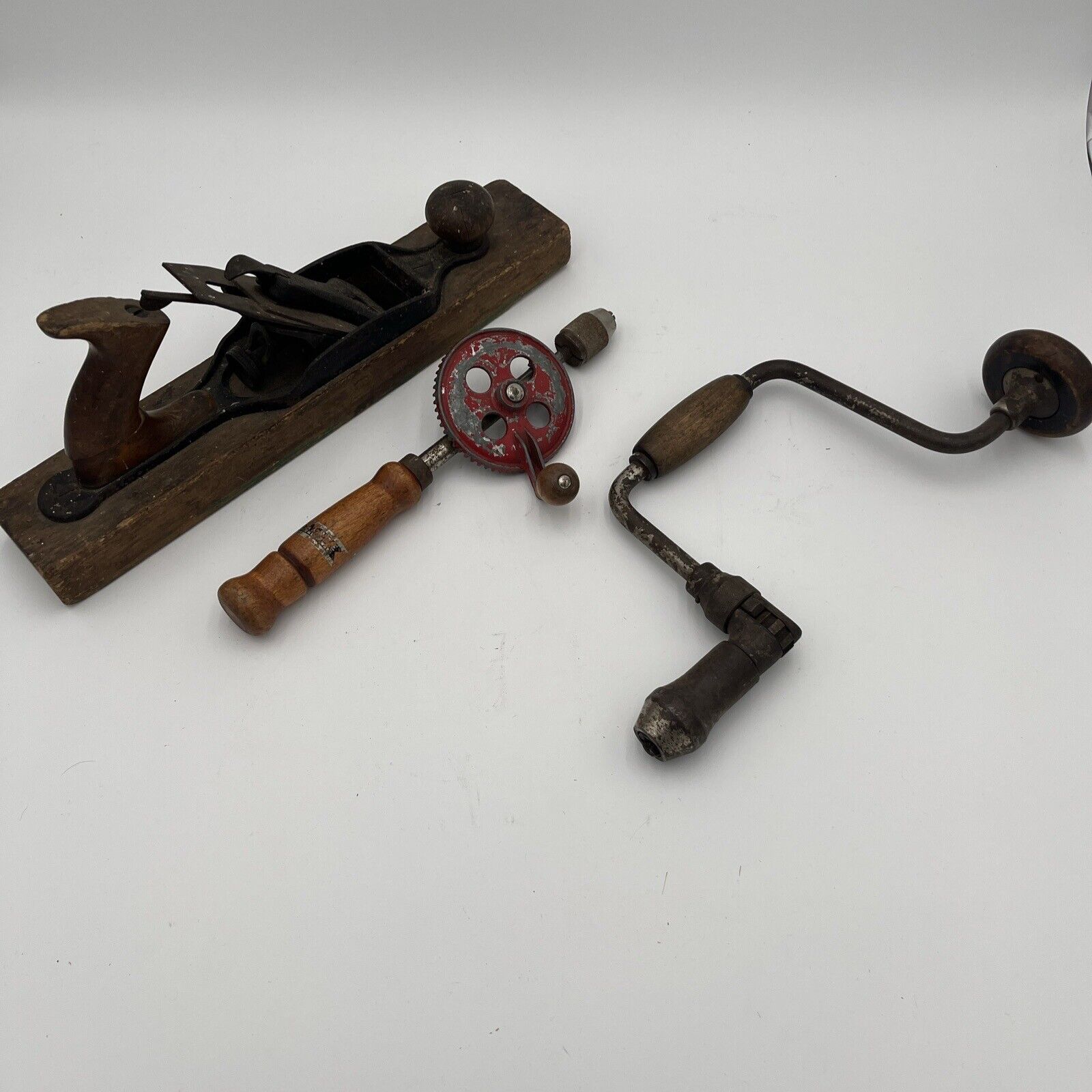Vintage Wood Plane Hand Drills Auger Style Lot Of Three Antique Hand Tools Nice