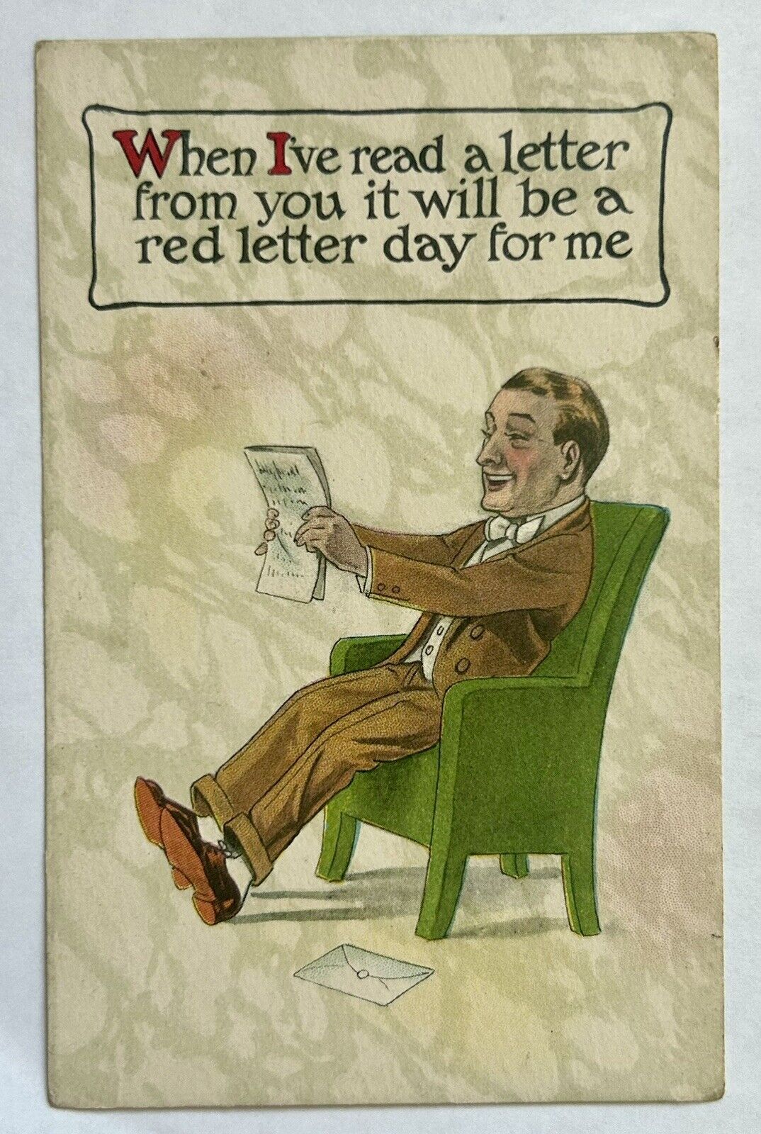1915 Cartoon Man In Chair. Funny Vintage Postcard