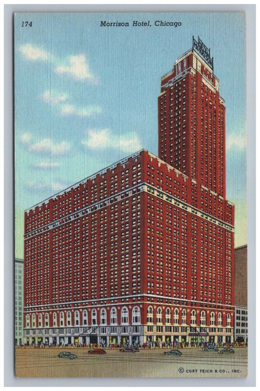 Postcard IL Morrison Hotel Motel Inn Building Cars Street View Chicago Illinois