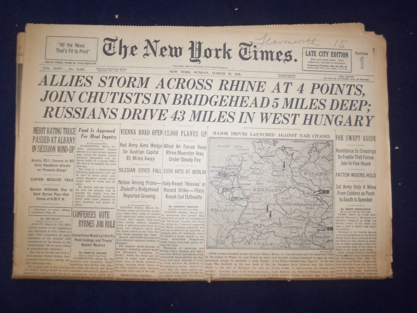 1945 MARCH 25 NEW YORK TIMES - ALLIES STORM ACROSS RHINE AT 4 POINTS - NP 6676