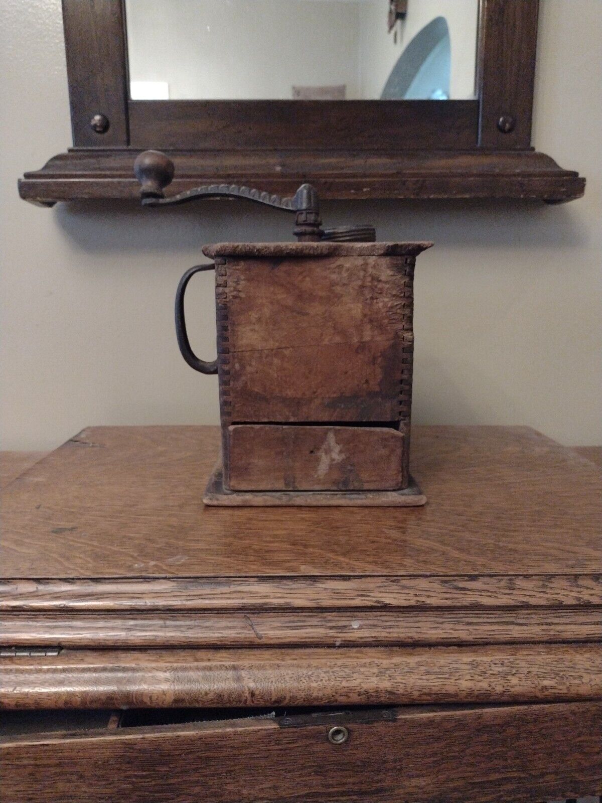 Antique Primitive Dovetailed Wooden Hand Crank Coffee Mill