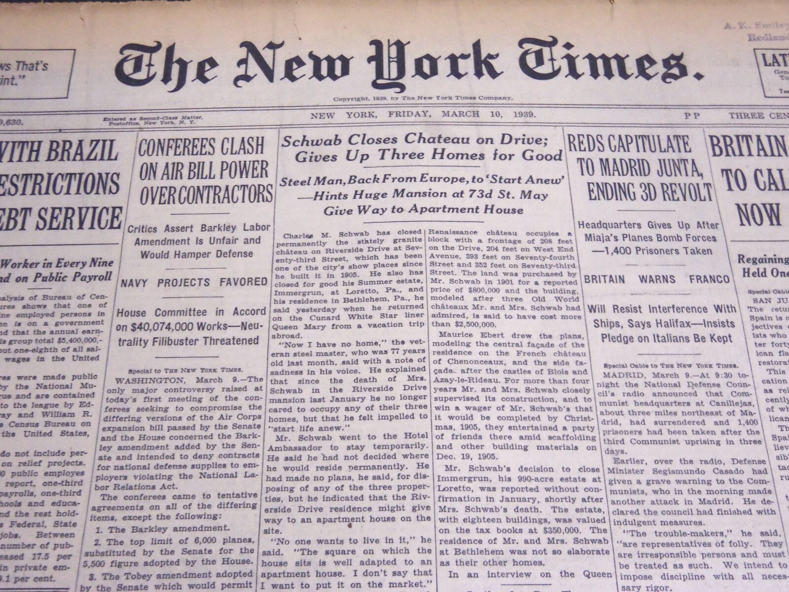 1939 MARCH 10 NEW YORK TIMES - SCHWAB CLOSES CHATEAU ON DRIVE - NT 6853