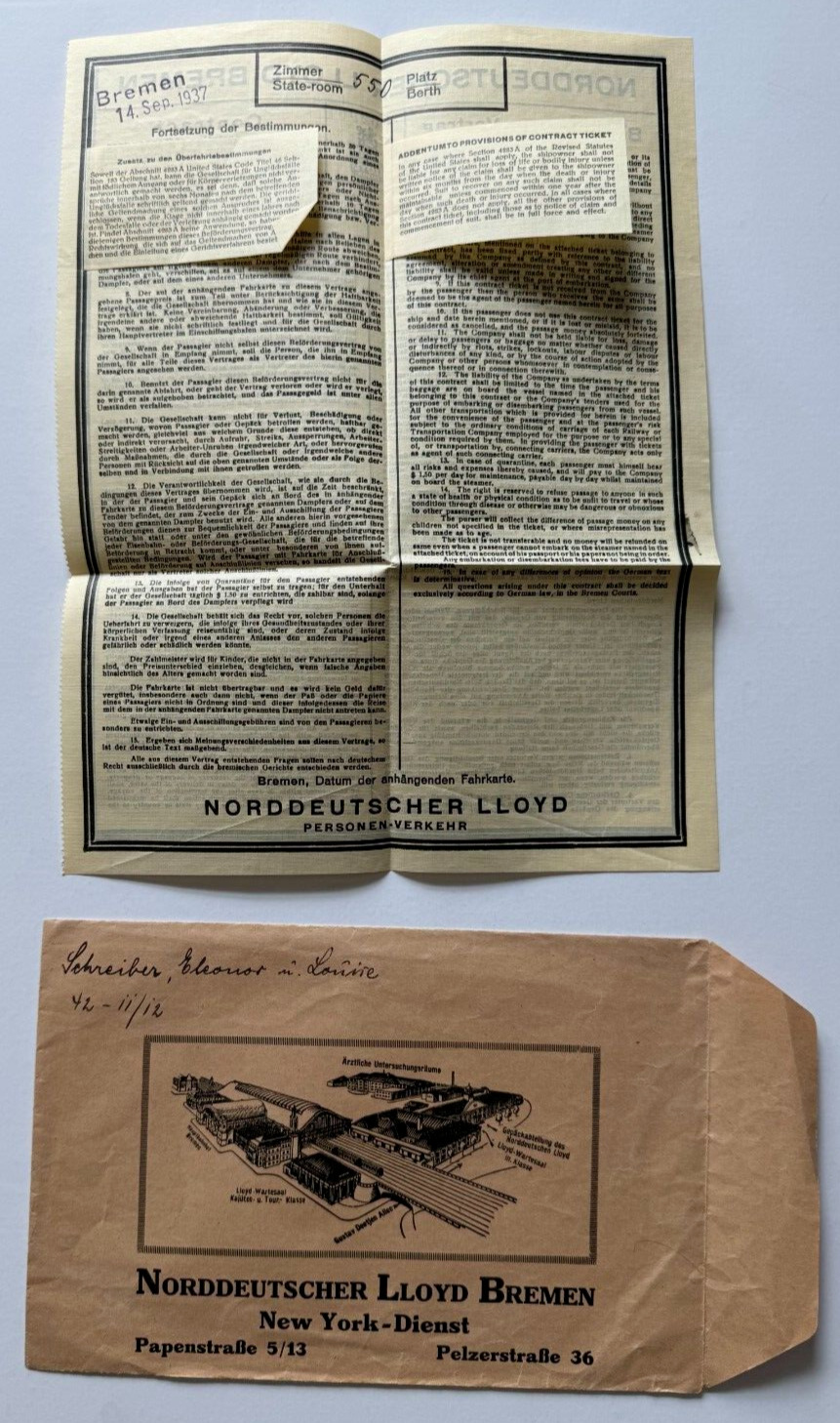 Vintage 1937 North German Lloyd Lines Nordeutscher Passenger Contract & Envelope