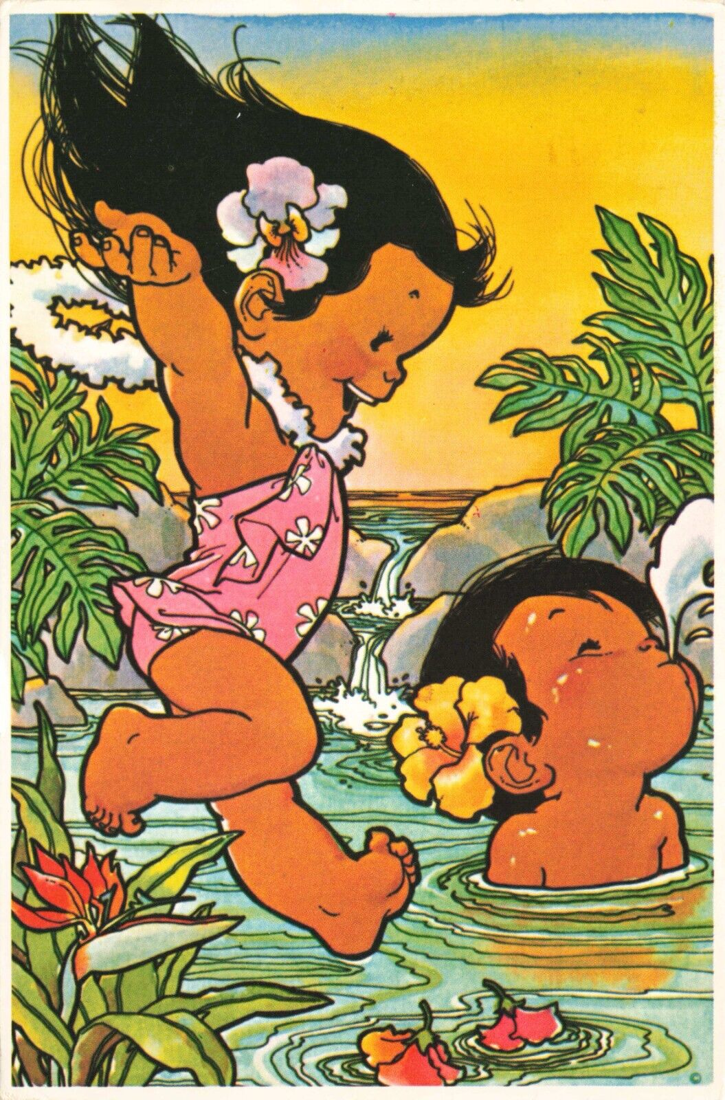 Postcard HI Dole Kids Cartoon Aloha Hawaiian Swimming Flowers Advertisement