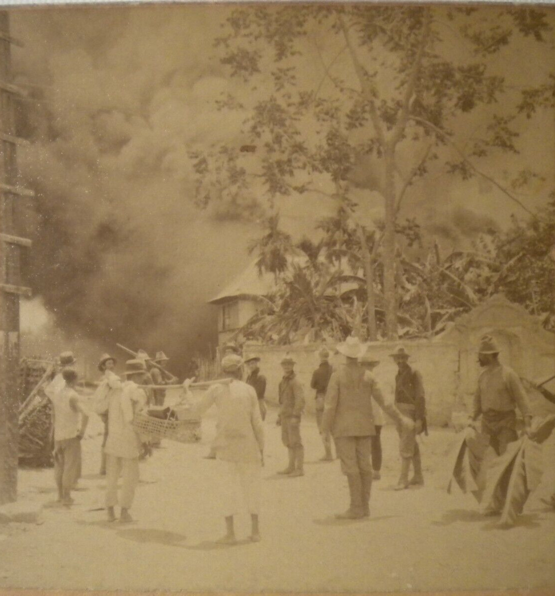Antique 1899 Stereoview Insurgent House Congress on Fire Philippines Photo Card
