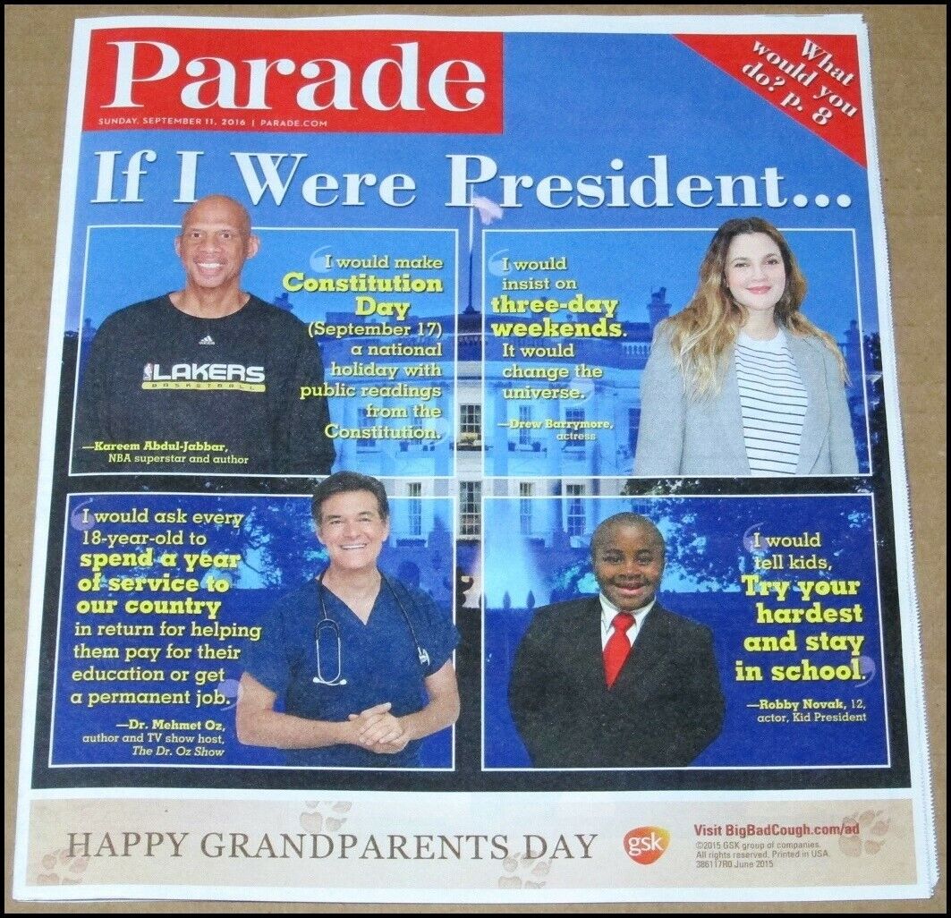 9/11/2016 Parade Newspaper Kareem Abdul-Jabbar Drew Barrymore Dr. Oz President