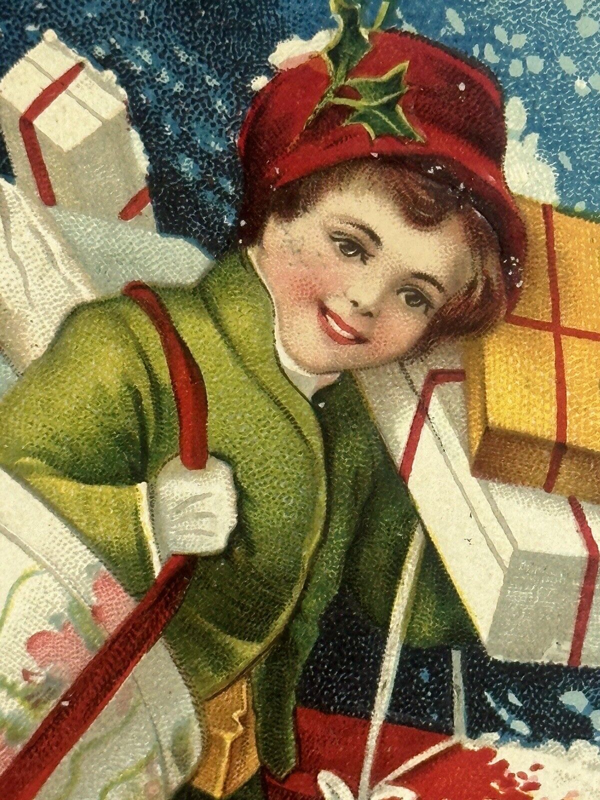 Clapsaddle Christmas Postcard Children Girl Shopping Brings Home Gifts Snowy
