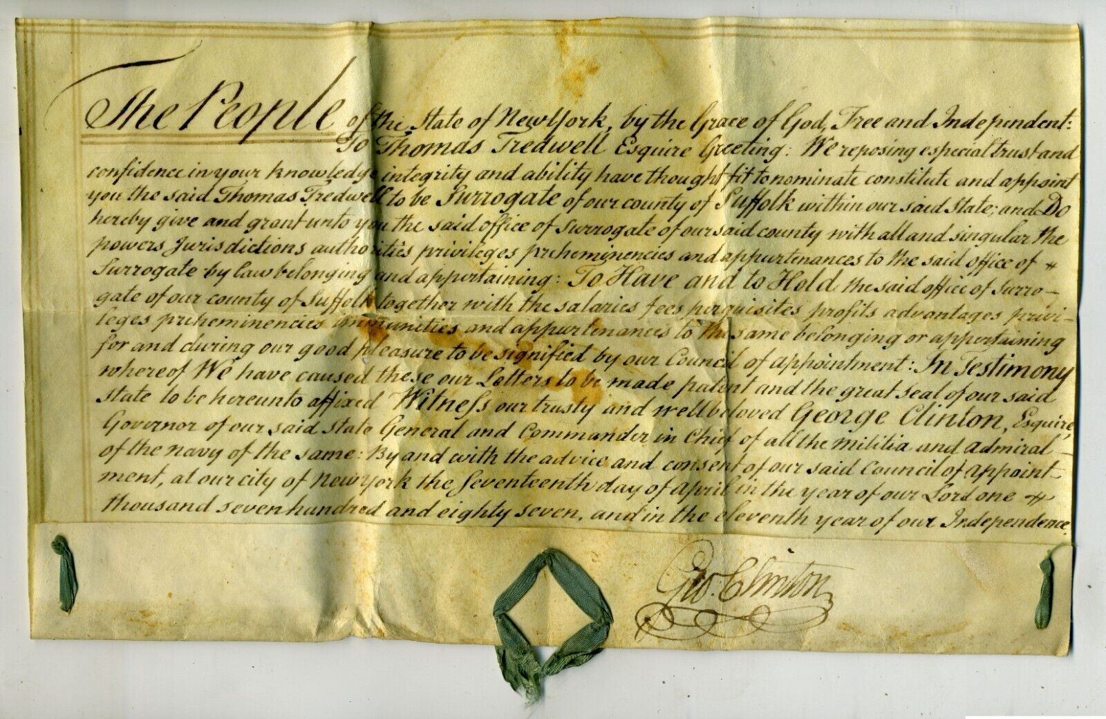 GEORGE CLINTON SIGNED 1787 NY APPOINTMENT OF THOMAS TREADWELL