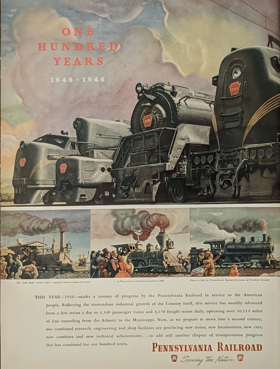 1946 Pennsylvania railroad 100 Year Anniversary Print Ad, Post WW2