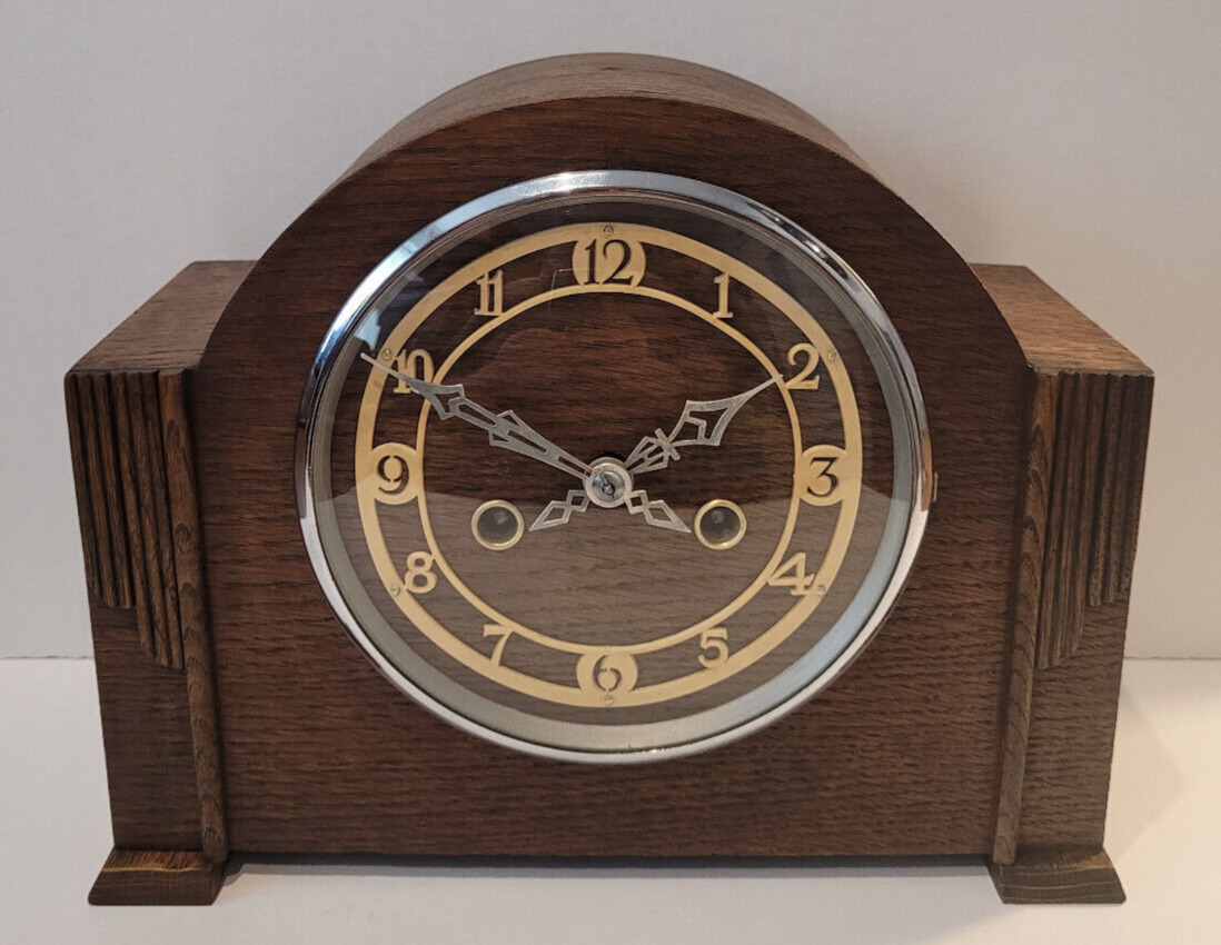Antique Early 20th Century c1930’s English “Enfield” Oak Chiming Mantel Clock