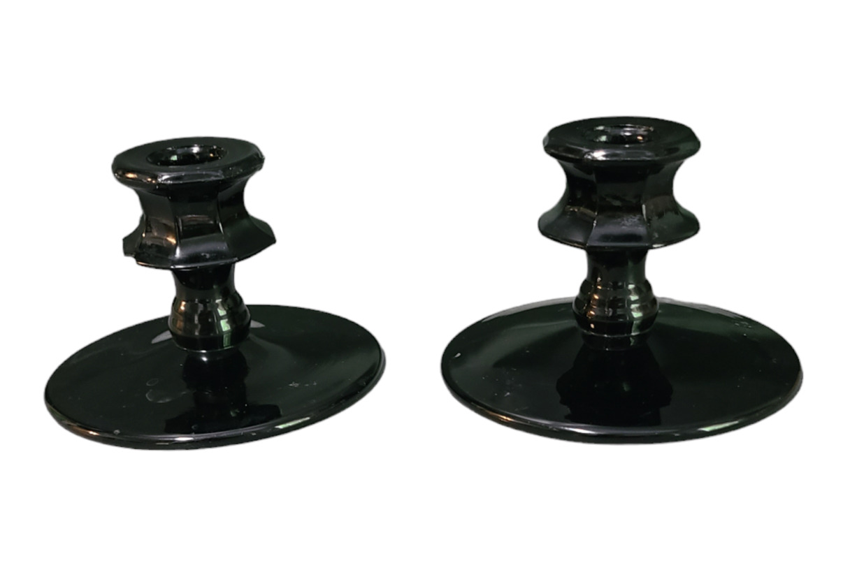 Art Deco Jet Black Art Glass Pair of Candlesticks 3.5\'\' High