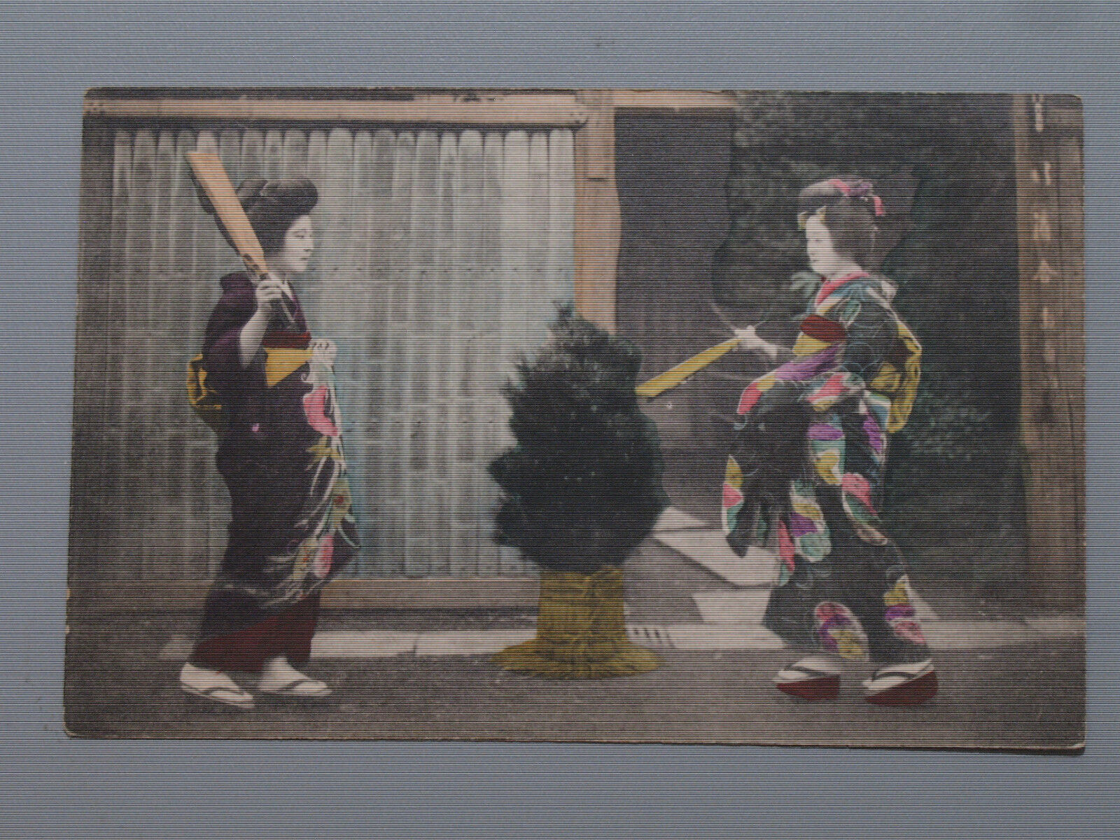 Japan Two Young Geisha Women Kimonos Hagoita Wooden Paddle Game Vintage Postcard