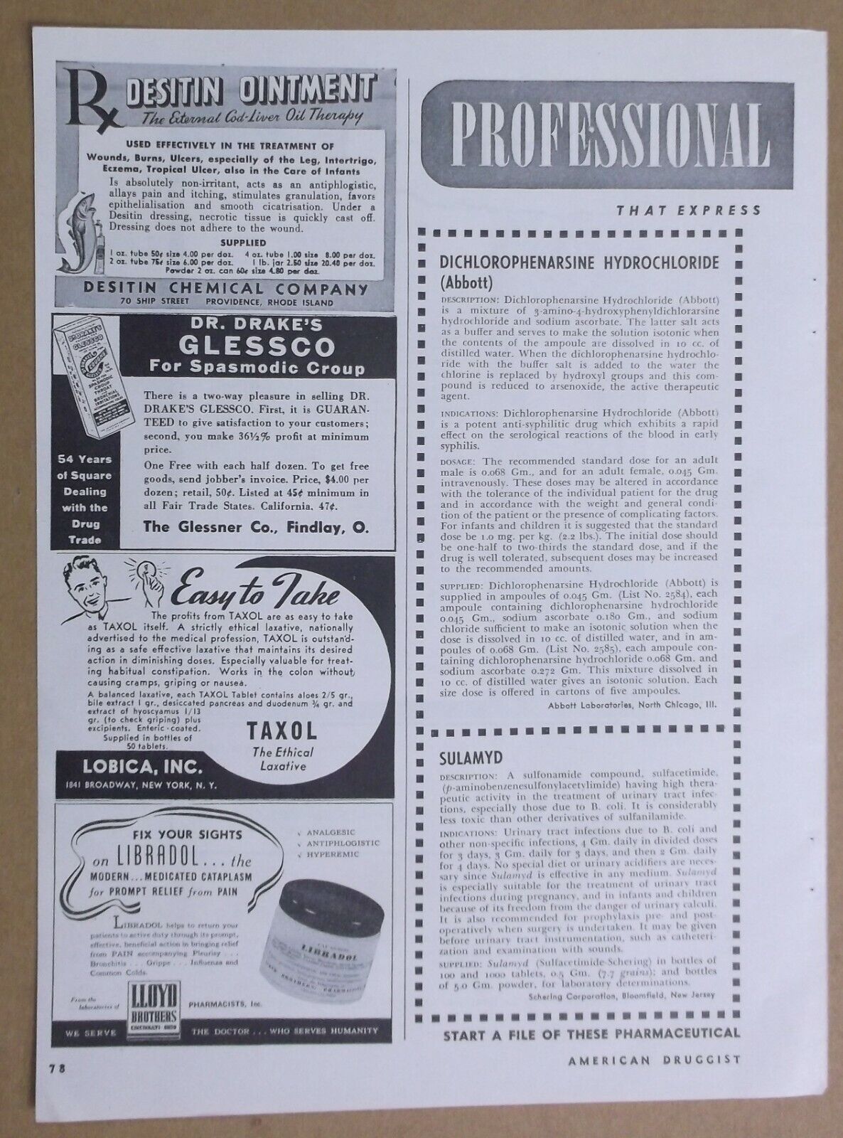 1944 DESITIN OINTMENT Magazine AD~DR. DRAKE\'S GLESSCO~Taxol Laxative~LIBRADOL
